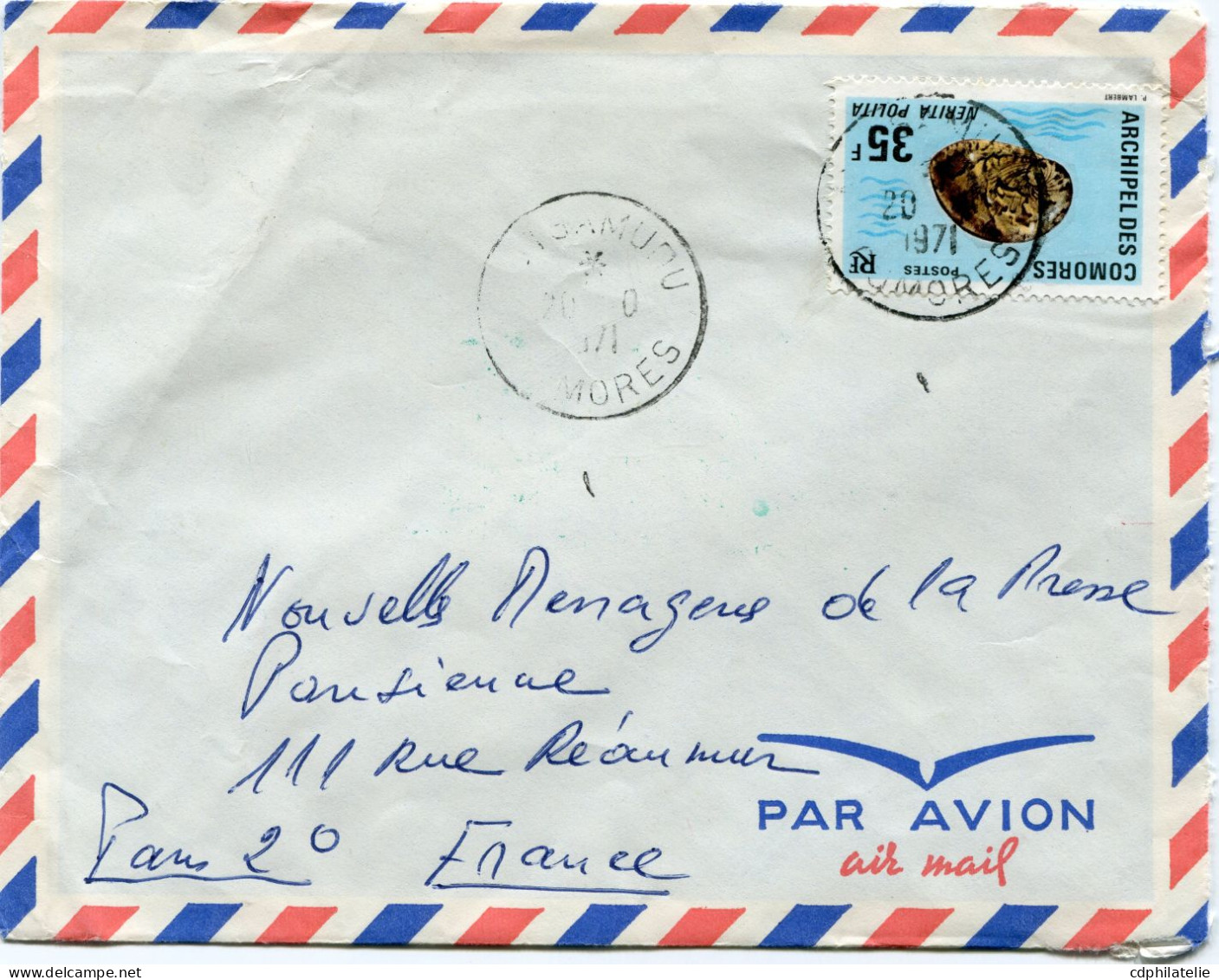 COMORES LETTRE PAR AVION DEPART MUTSAMUDU 20-10-1971 POUR LA FRANCE - Lettres & Documents