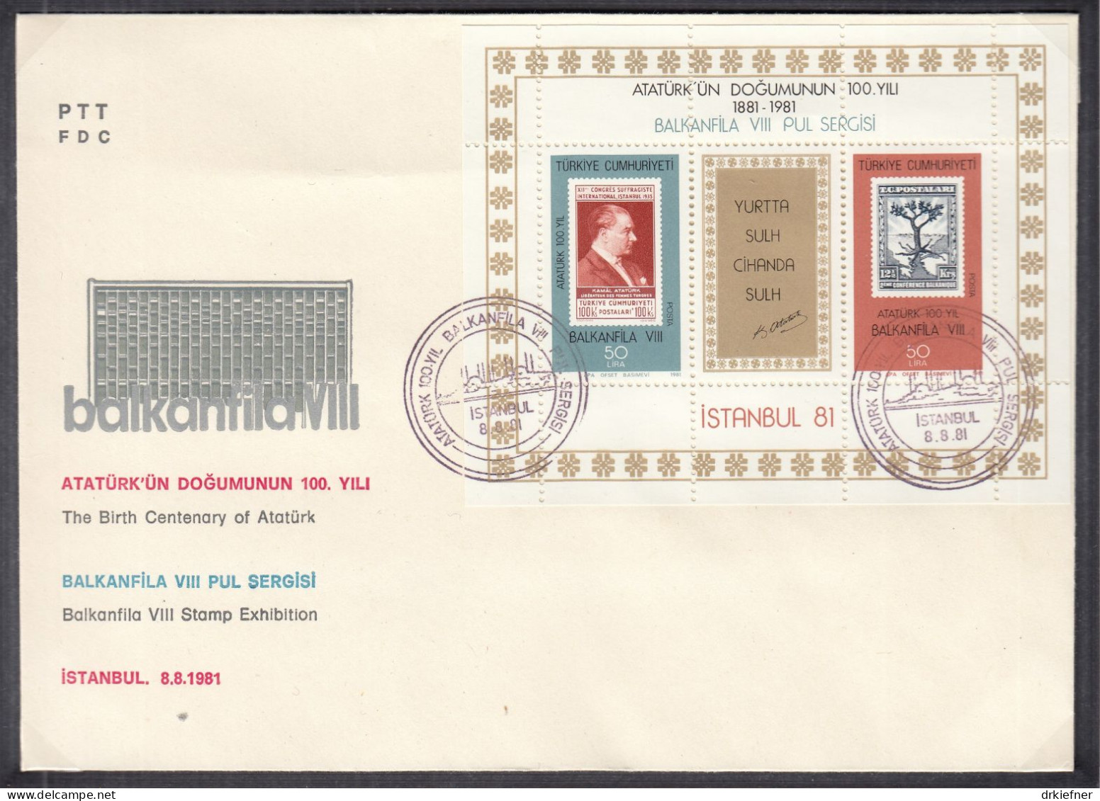 TÜRKEI  Block 20, FDC, 100. Geburtstag Von Atatürk, BALKANFILA VIII, 1981 - Blocks & Sheetlets