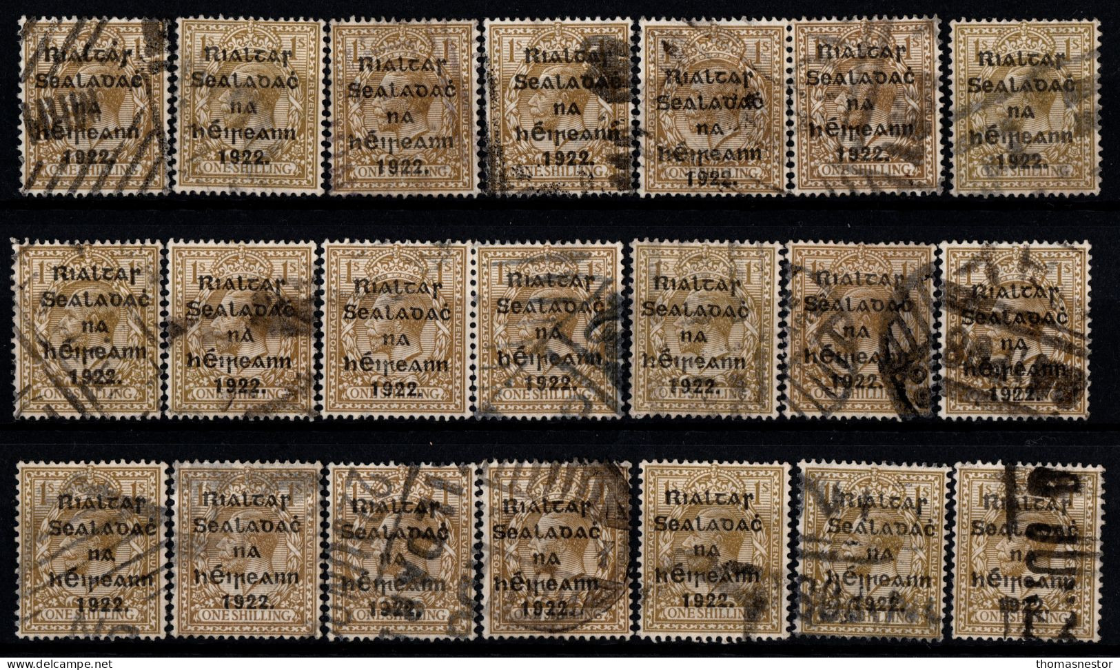 1922 Thom Rialtas 5 line in Black Ink, with Fiscal cancellation, parcel post and commercial cancel 132 stamps in total.
