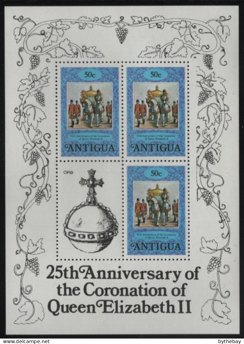 Antigua 1978 MNH Sc 510 50c State Coach, Horses Sheet Of 3, Orb Label Coronation 25th - 1960-1981 Ministerial Government