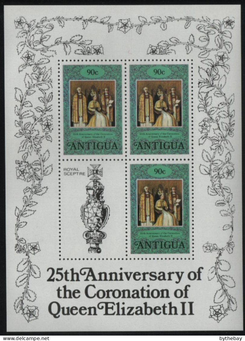 Antigua 1978 MNH Sc 511 90c QEII, Archbishop Sheet Of 3, Sceptre Label Coronation 25th - 1960-1981 Autonomia Interna