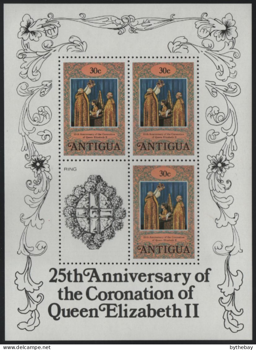 Antigua 1978 MNH Sc 509 30c Coronation Sheet Of 3, Ring Label Coronation 25th - 1960-1981 Autonomie Interne