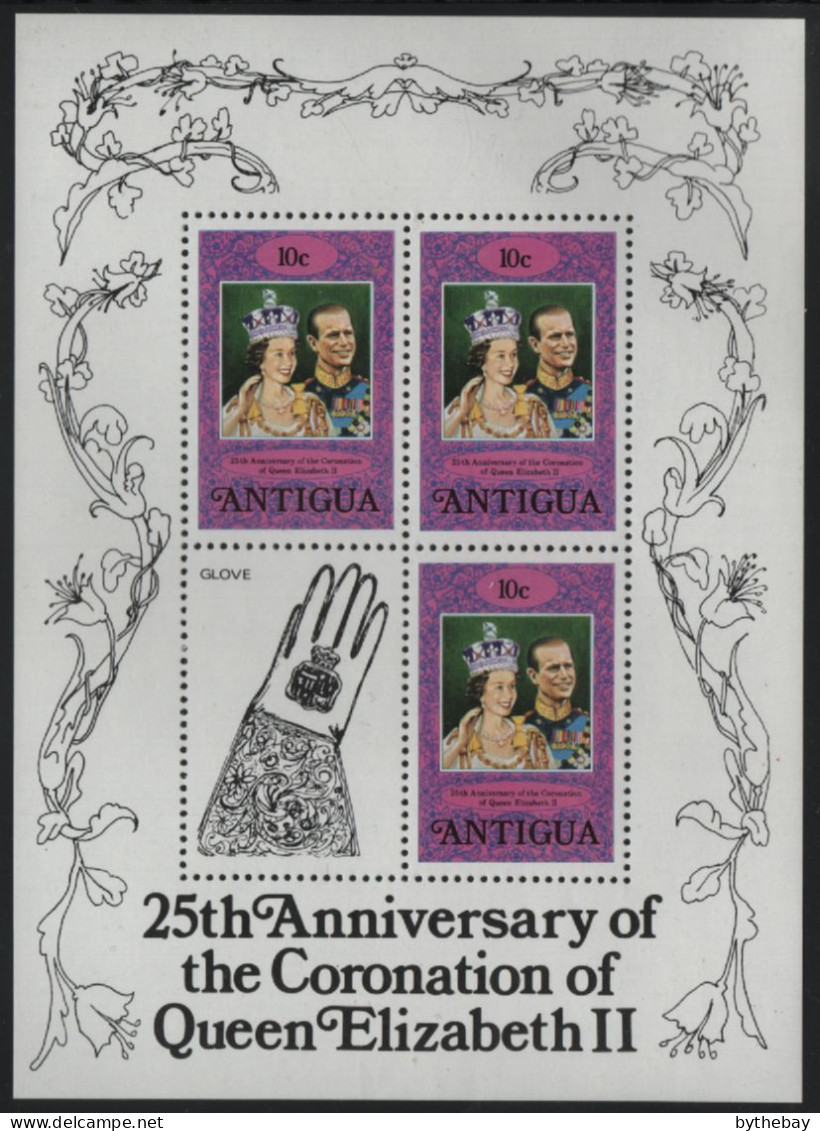 Antigua 1978 MNH Sc 508 10c QEII, Prince Philip Sheet Of 3, Glove Label Coronation 25th - 1960-1981 Autonomie Interne