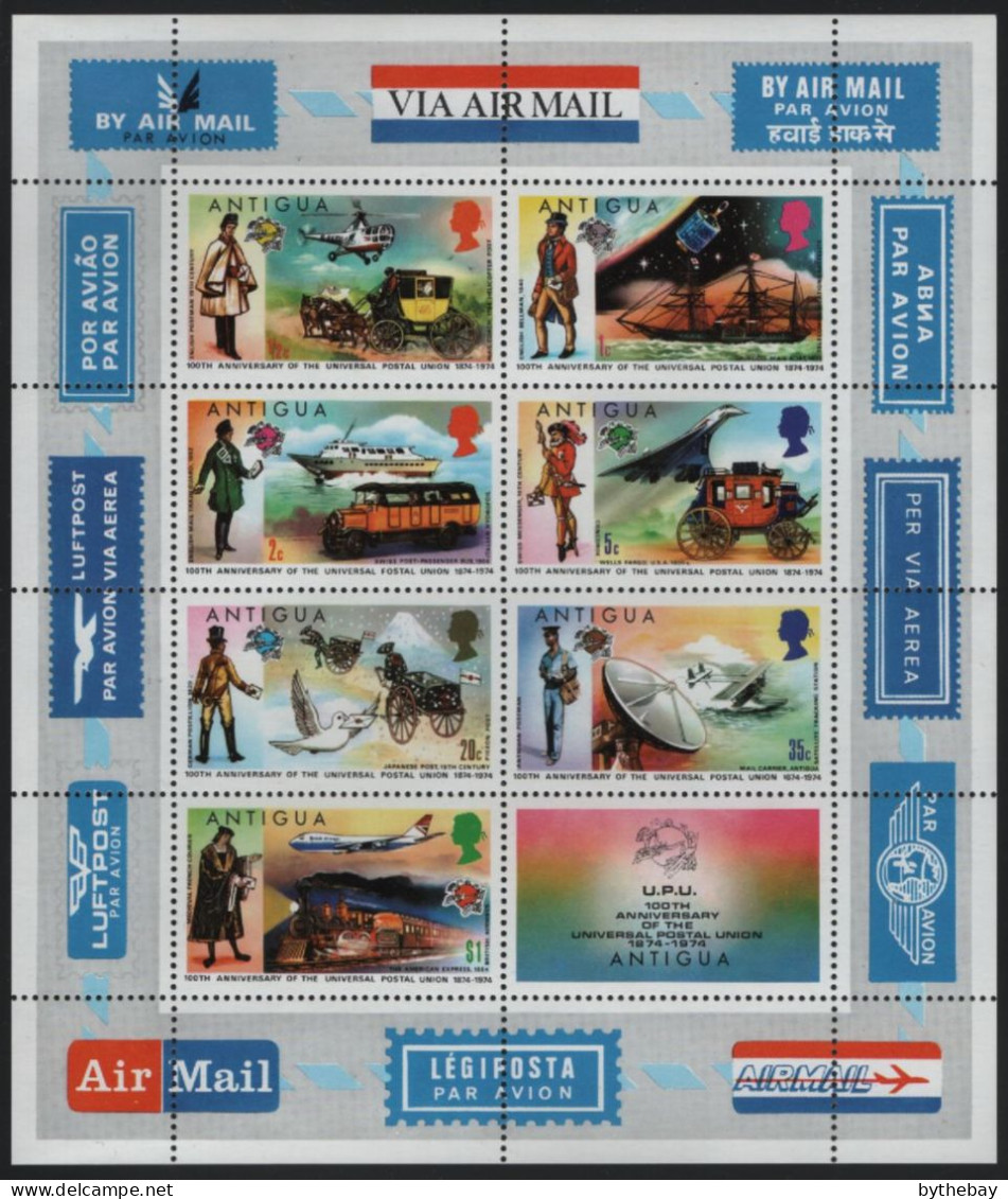 Antigua 1974 MNH Sc 340a Mail Transport UPU Centenary Sheet Of 7, Label - 1960-1981 Autonomia Interna
