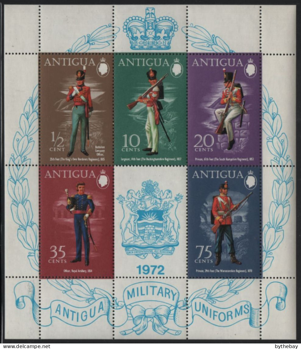 Antigua 1972 MNH Sc 287a Military Uniforms Sheet Of 5, Label - 1960-1981 Autonomia Interna