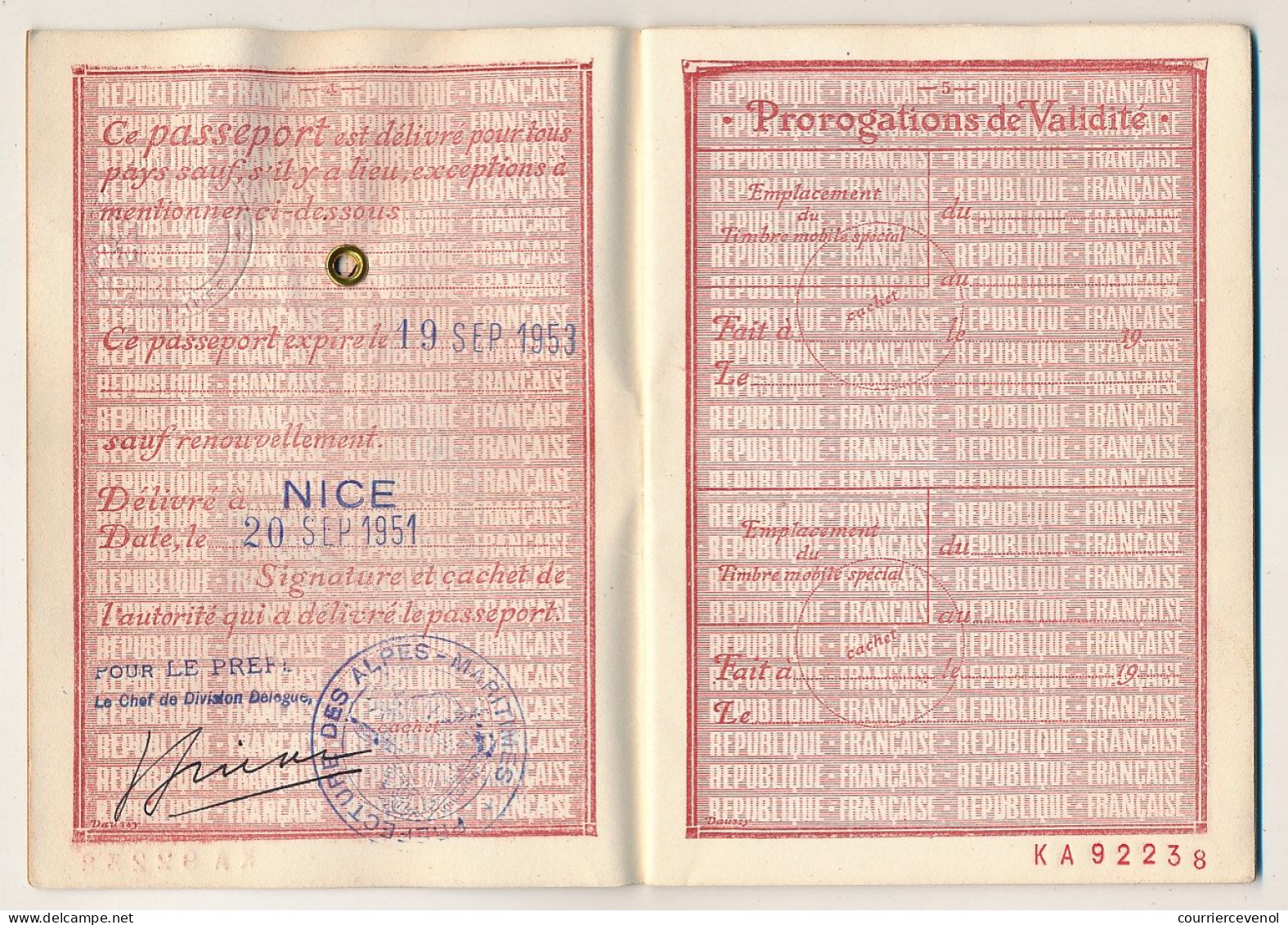 FRANCE - Passeport à l'étranger 700F  - Nice (Alpes Maritimes) - 1951