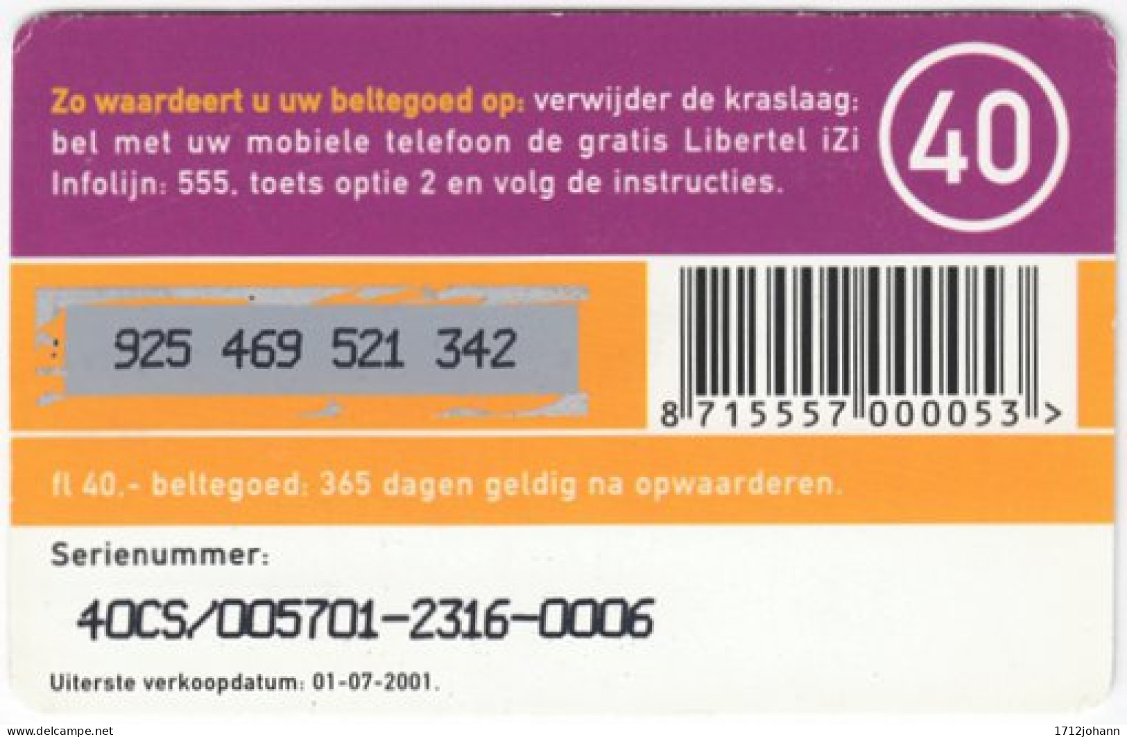 NETHERLANDS B-553 Prepaid LiberTel - Used - Cartes GSM, Prépayées Et Recharges