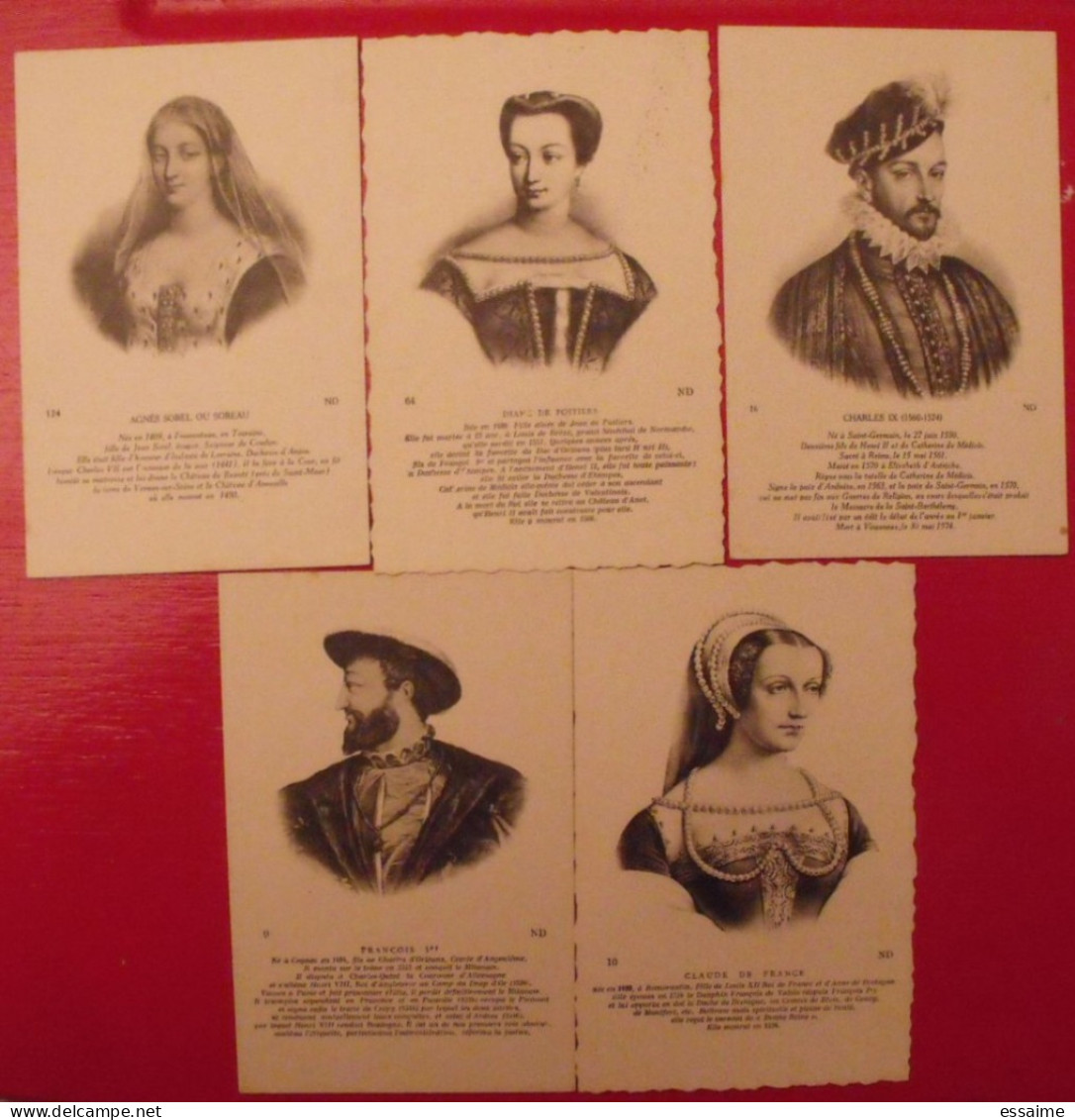 Lots De 5 Cartes Postales. Gravures Portraits De Claude France, François 1er, Diane De Poitiers, Charles IX, Agnès Sorel - Sammlungen & Sammellose