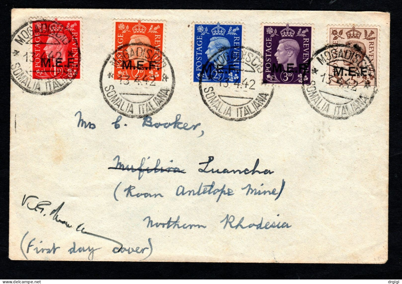 1942 M.E.F. SOMALIA OCCUP. BRIT. BUSTA FDC VIAGGIATA PER LA RHODESIA DEL NORD - Somalië