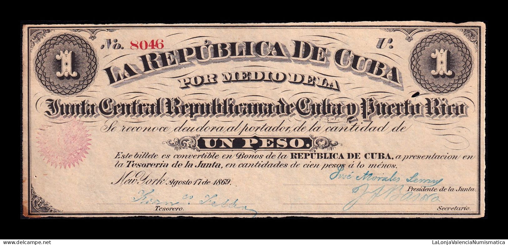 Cuba 1 Peso 1869 Pick 61 Serie U Ebc/+ Xf/+ - Cuba