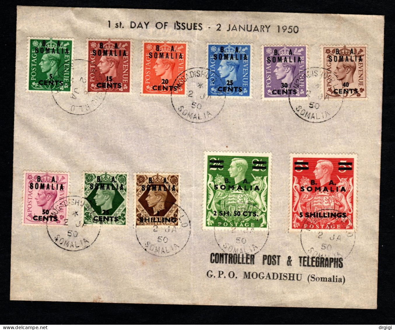 1950 B.  A. SOMALIA OCCUP. BRIT. BUSTA FDC SERIE COMPLETA - Somalie