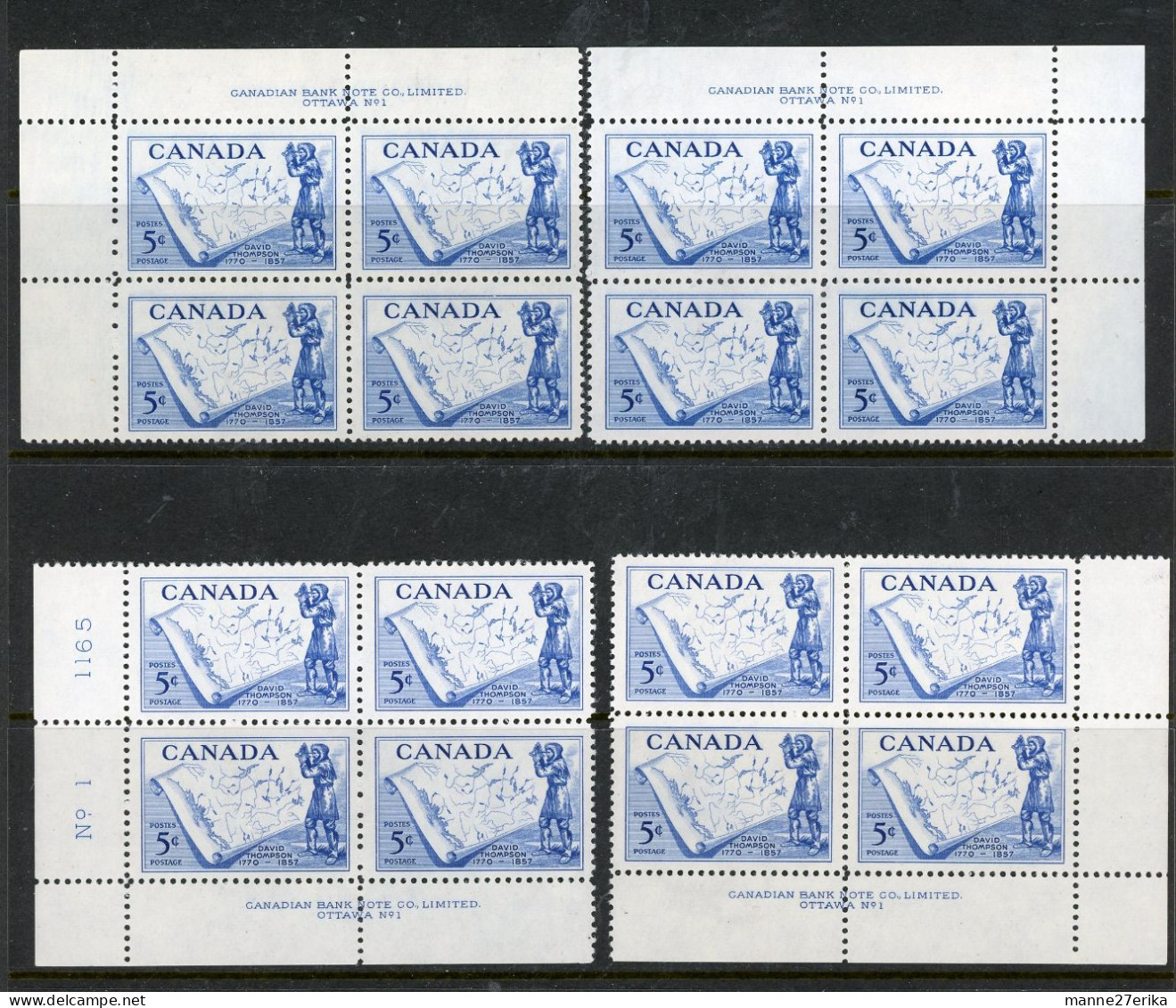 Canada MNH Plate Blocks  1955 "David Thompson" - Unused Stamps