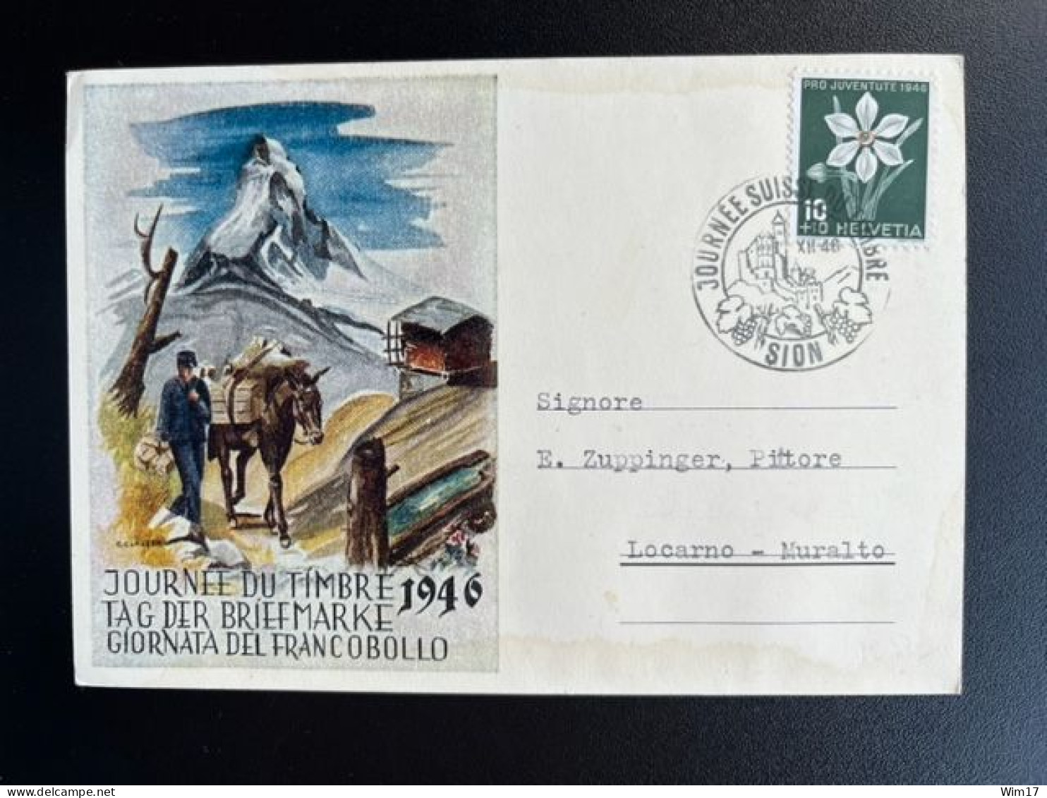 SWITZERLAND 1946 POSTCARD SION TO LOCARNO 08-12-1946 ZWITSERLAND SUISSE SCHWEIZ TAG DER BRIEFMARKE - Entiers Postaux