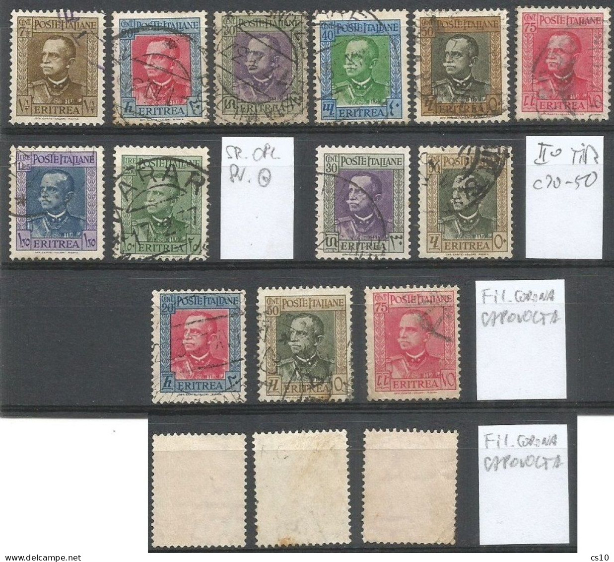 Eritrea Colonia Italiana 1931 Regualr Set King VE3 #195/202 Cpl 8v Set VFU + II° Turatura 2v + Filigrana Capovolta 3v - Oblitérés