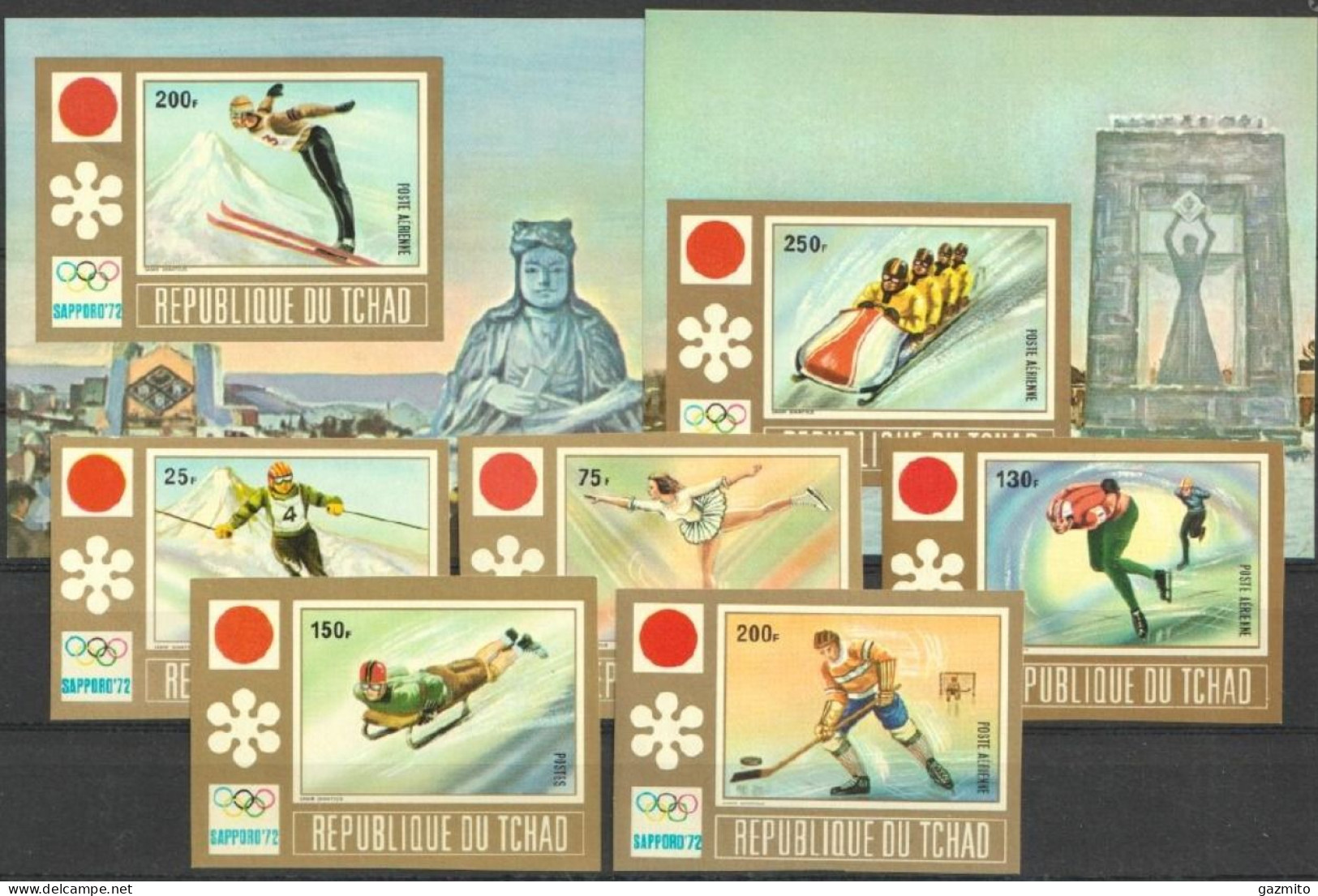 Tchad 1972, Olympic Games In Sapporo, Skiing, Skating, Ice Hockey, 5val +2BF IMPERFORATED - Eishockey