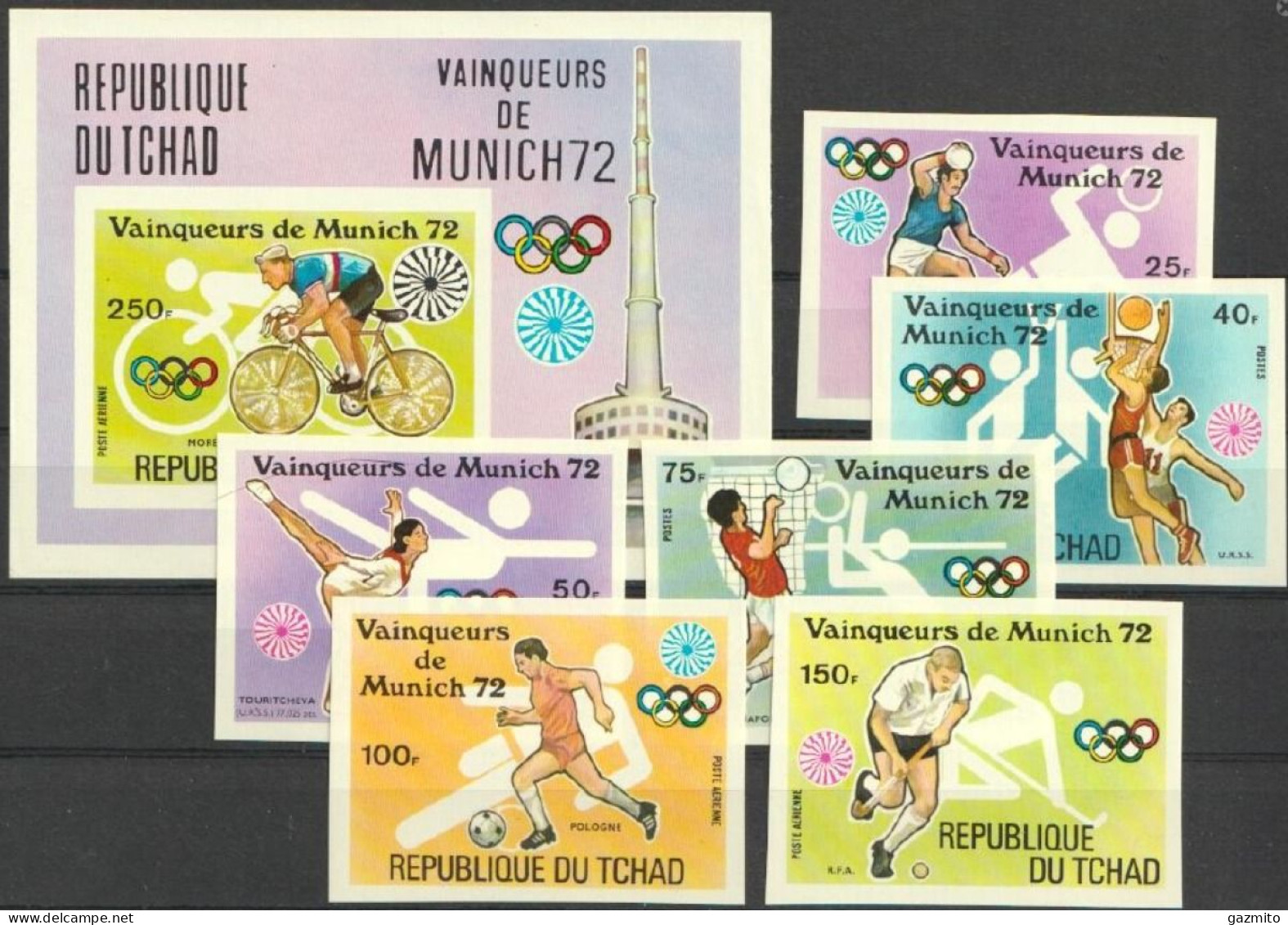 Tchad 1972, Olympic Games In Munich, Grass Hockey, Football, Volleyball, Skating, Handball, Basketball, 6val +BF IMPERF - Figure Skating