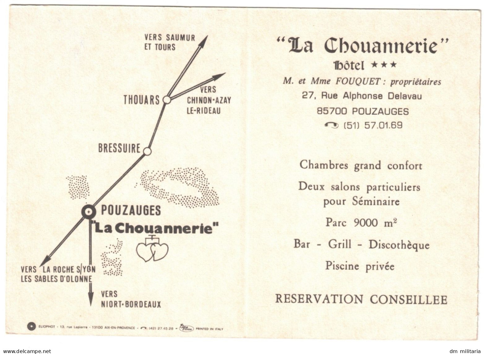 85 - LA CHOUANNERIE HÔTEL *** POUZAUGES VENDÉE - Mr Mme FOUQUET - CARTE A PLIER POUR CARTE DE VISITE - Restaurants