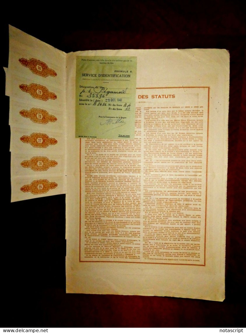 Compagnie Continentale Pegamoïd ,Belgium 1932 Stock Certificate - Textil