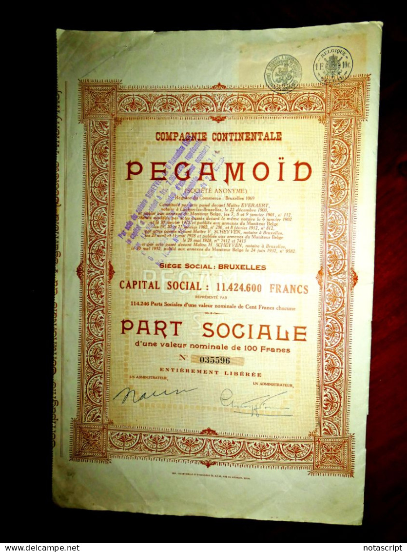 Compagnie Continentale Pegamoïd ,Belgium 1932 Stock Certificate - Tessili
