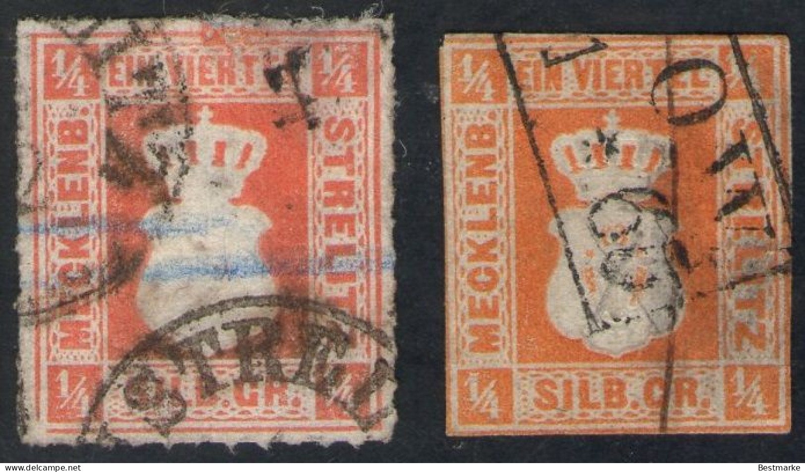 Neustrelitz / Mirow Auf 1/4 Sgr. Schwärzlichrotorange Bzw. Dunkelgelborange - Strelitz Nr. 1a Und 1b (signiert) - Mecklenbourg-Strelitz