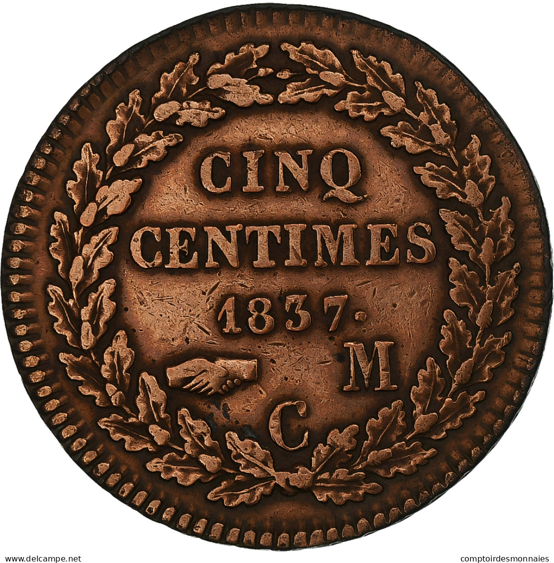 Monaco, Honore V, 5 Centimes, Cinq, 1837, Monaco, Cast Brass, TB+, Gadoury:MC - 1819-1922 Honoré V, Charles III, Albert I