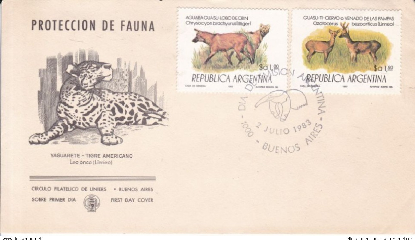 Argentina - 1983 - Envelope - First Day Issue Postmark - Fauna Protection -  Aguara Guasu And Guasu Ti Stamps - Caja 30 - Oblitérés