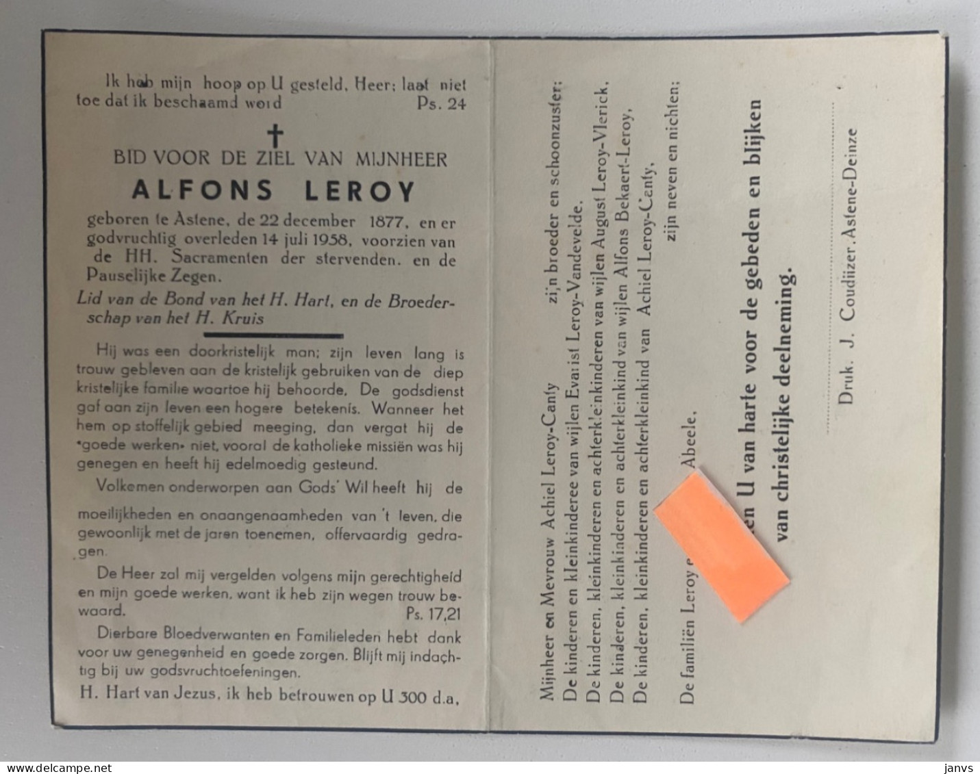 Devotie DP - Overlijden - Alfons Leroy - Astene 1877 - 1958 - Obituary Notices