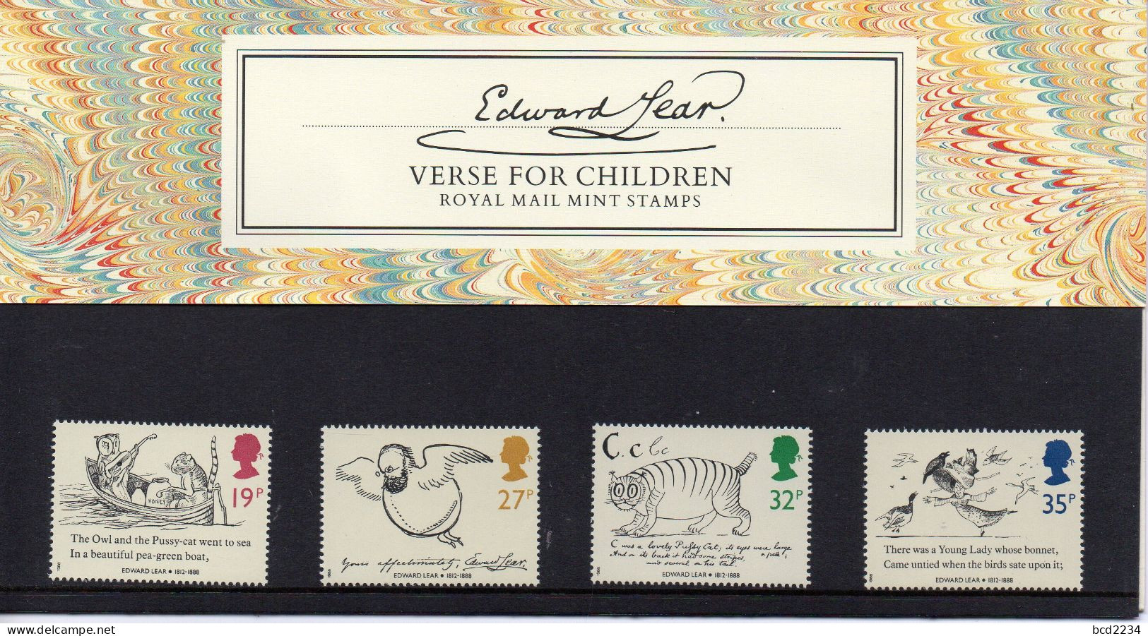 GB GREAT BRITAIN 1988 DEATH CENTENARY OF EDWARD LEAR ARTIST AUTHOR PRESENTATION PACK No 193 +ALL INSERTS VERSE CHILDREN - Presentation Packs