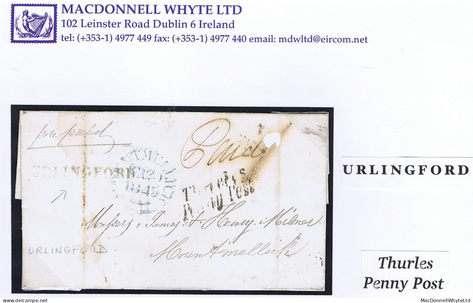 Ireland Uniform Penny Tipperary 1845 Cover To Mountmellick "Paid 1" With URLINGFORD And Italic "Thurles/Penny Post" - Prephilately