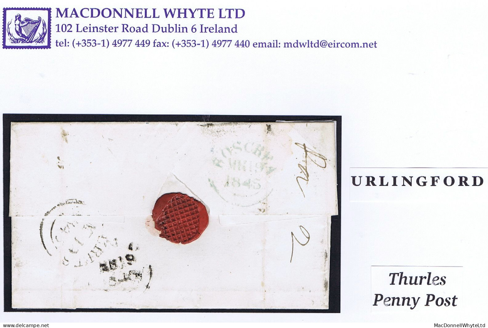 Ireland Uniform Penny Tipperary 1845 Cover To Mountmellick "Paid 1" With URLINGFORD And Italic "Thurles/Penny Post" - Prefilatelia