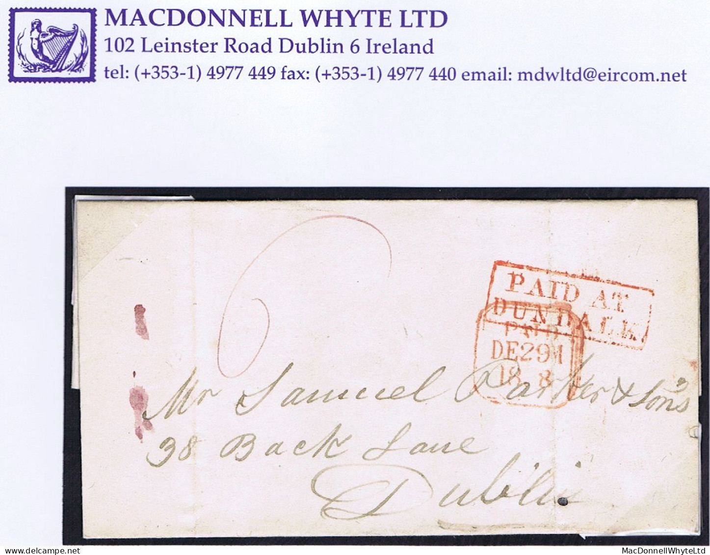 Ireland Louth 1838 Boxed 2-line PAID AT DUNDALK In Red On Cover To Dublin Prepaid Single "6" Sixpence 35 To 45 Miles - Vorphilatelie