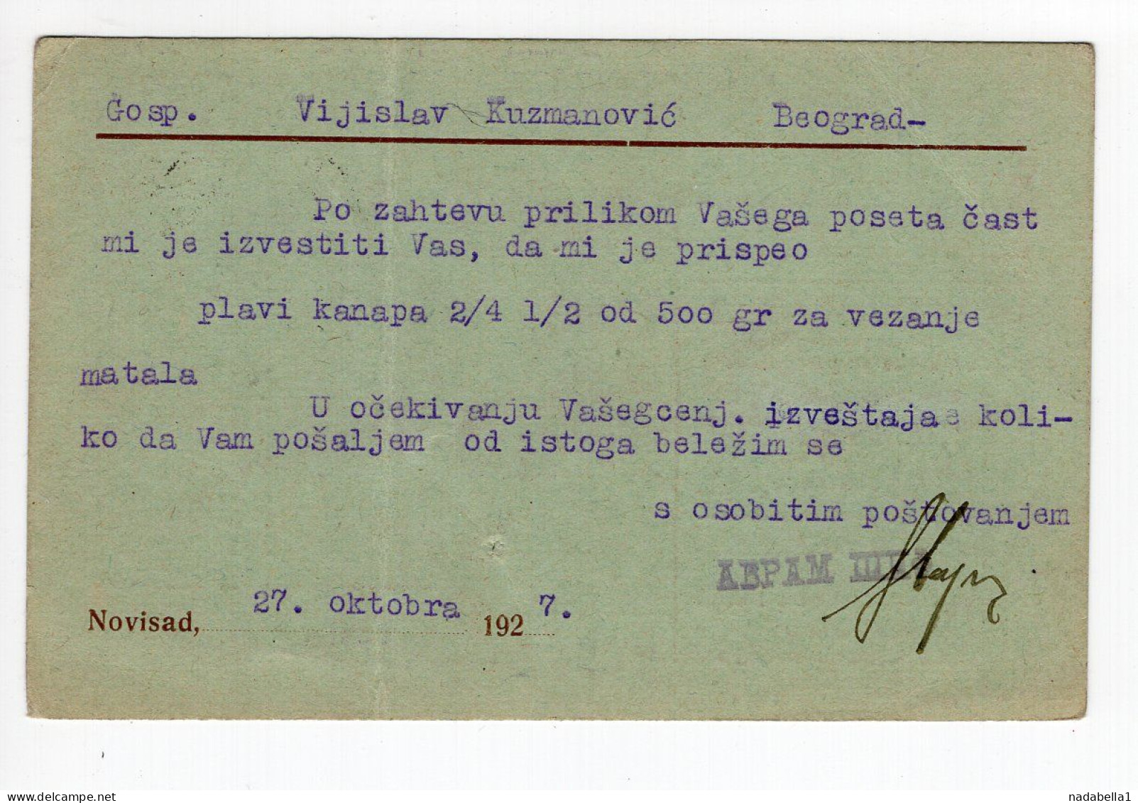 1927. KINGDOM OF SHS,SERBIA,NOVI SAD,AVRAM SCHIFF,CORRESPONDENCE CARD,USED - Jugoslawien
