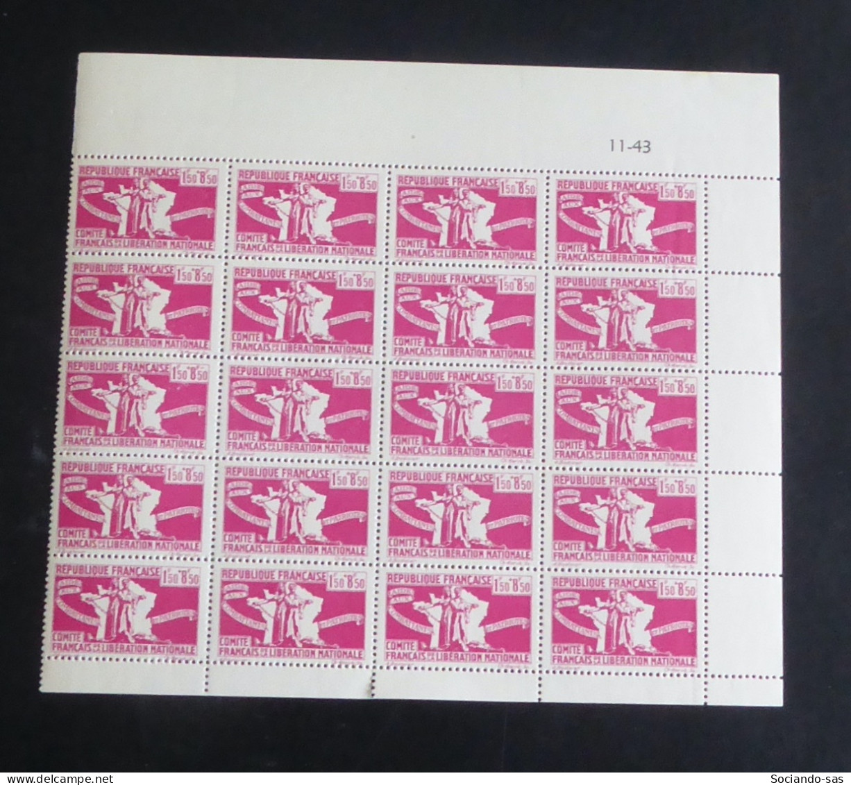 COLONIES GENERALES - 1943 - N°YT. 2 - 1f50+8f50 Rose - Bloc De 20 Bord De Feuille - Neuf Luxe ** / MNH - Altri & Non Classificati