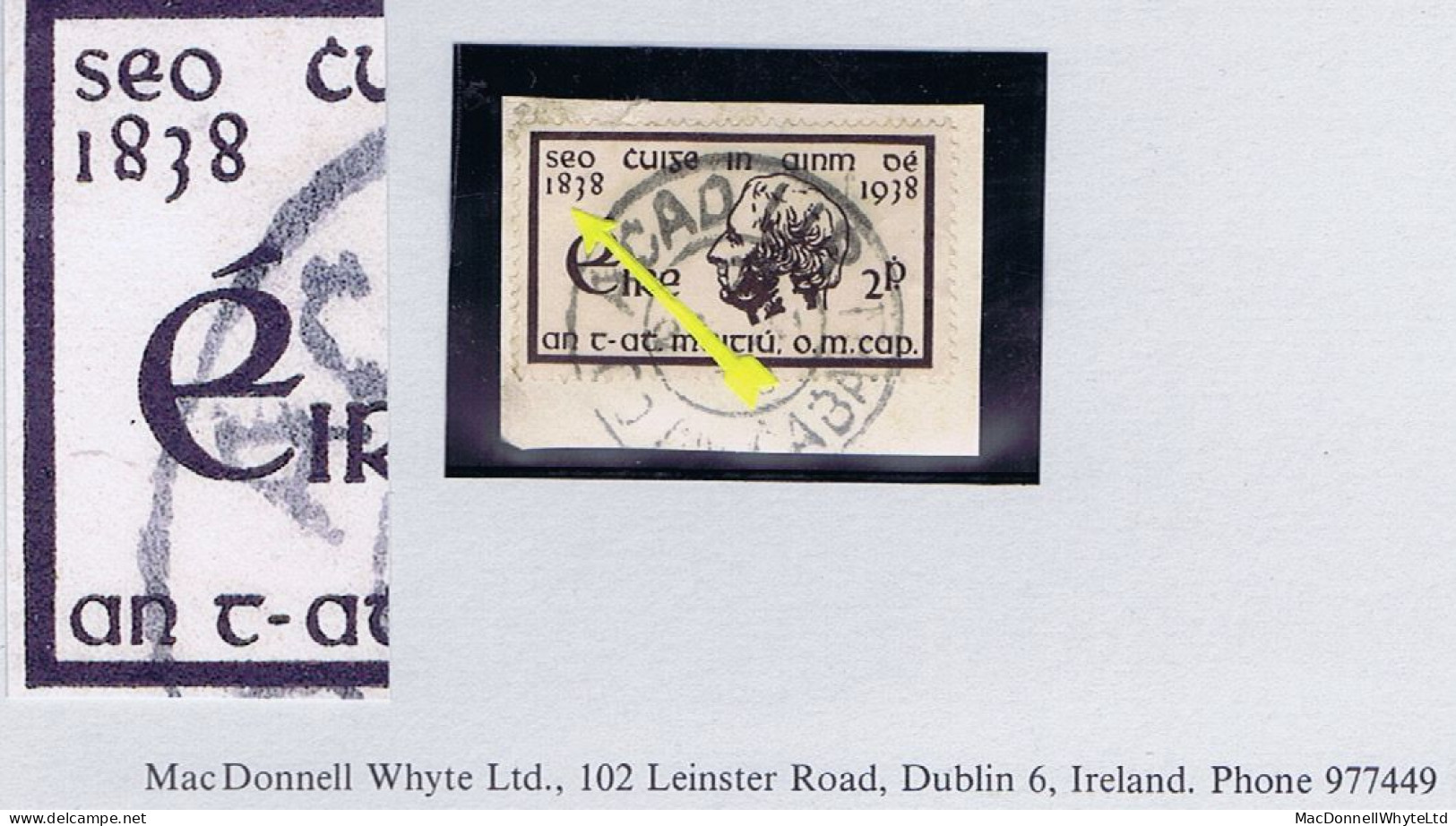 Ireland 1938 Temperance Fr Mathew 2d Var "Malformed 8" Used On Piece Tied Viriginia Cds, Short Perfs - Used Stamps