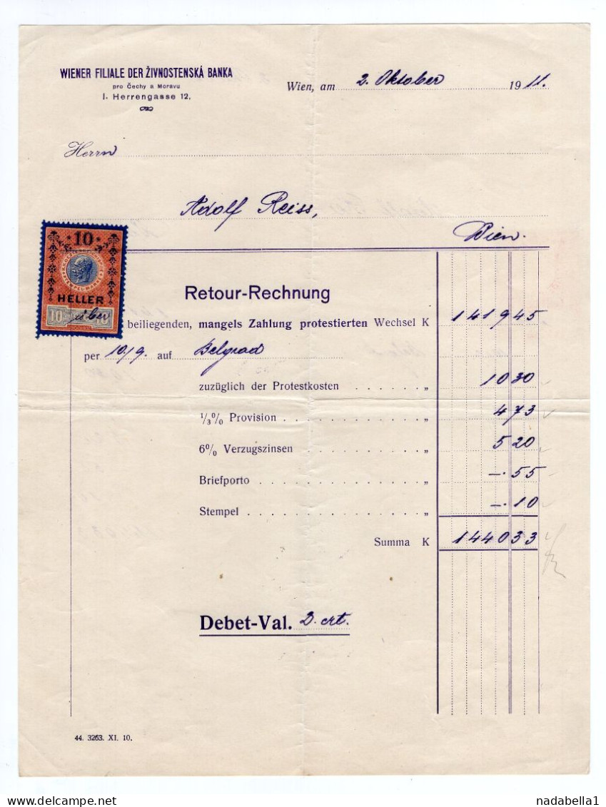 1911. AUSTRIA,VIENNA,CZECHOSLOVAKIA,ZIVNOSTENSKA BANK,VIENNA OFFICE,INVOICE,10 HELLER REVENUE STAMP - Chèques & Chèques De Voyage