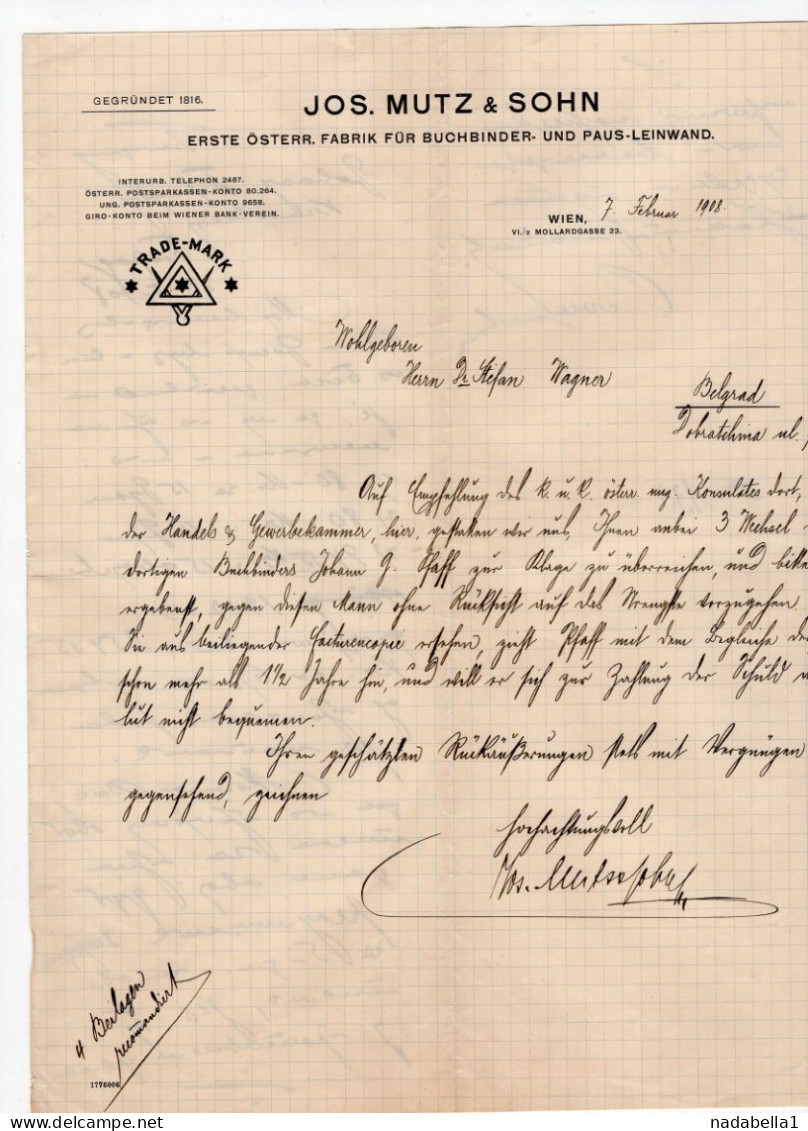 1908. AUSTRIA,VIENNA,JOS. MUTZ & SOHN LETTERHEAD,PAPER SPECIALIST,LETTER TO BELGRADE,SERBIA - Autriche