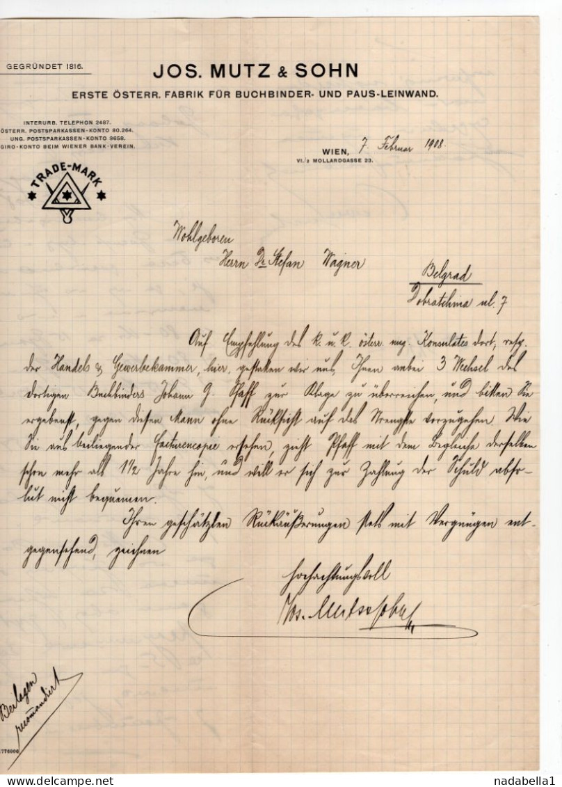 1908. AUSTRIA,VIENNA,JOS. MUTZ & SOHN LETTERHEAD,PAPER SPECIALIST,LETTER TO BELGRADE,SERBIA - Oostenrijk