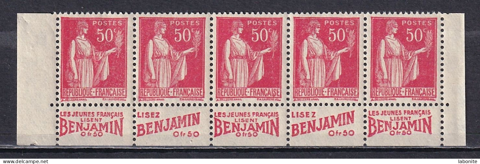 Publicité - YT 283a Paix 50c Type I - Bande De 5 Benjamin Inférieure Texte Complet BdF (Maury : BP 175a) Neuf** - Unused Stamps