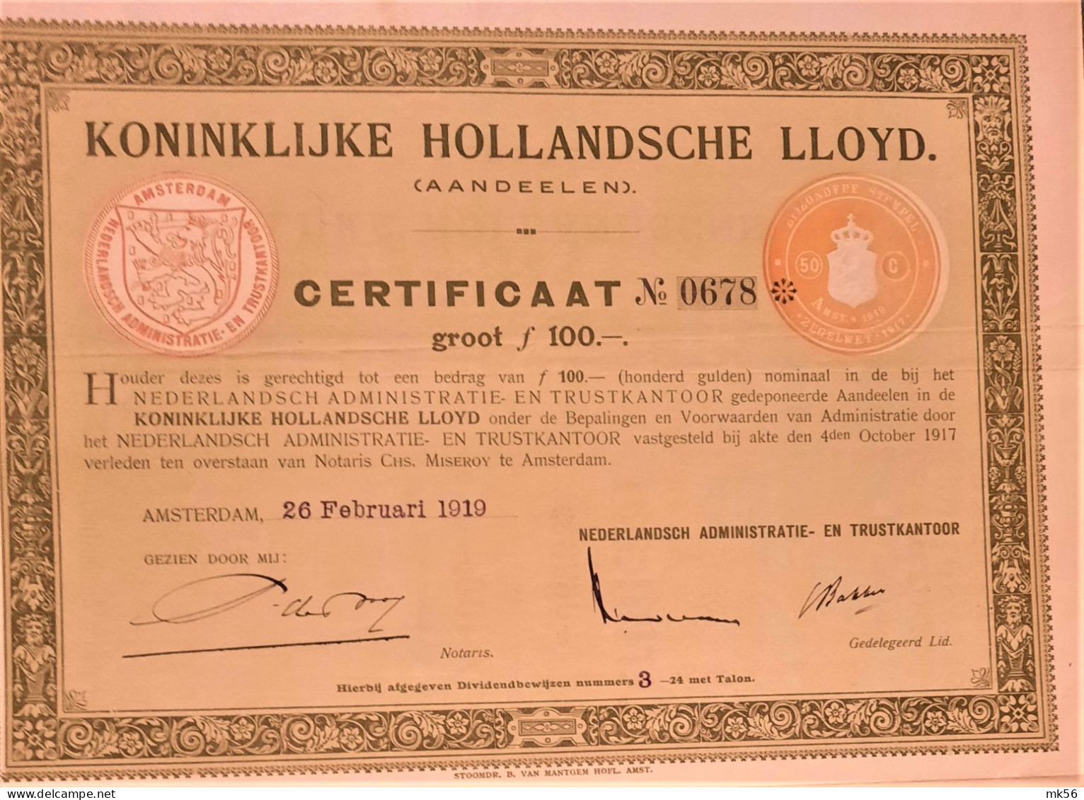Koninklijke Hollandsche Lloyd - Certificaat Groot 100 Gulden (1919) - Navy