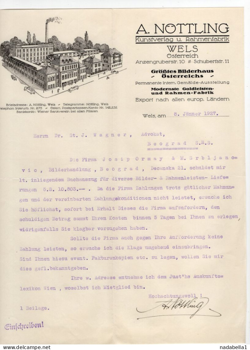 1929. AUSTRIA,WELS,A. NOTTLING ART AND FRAME HANDLERS LETTERHEAD,LETTER TO BELGRADE,SERBIA - Autriche