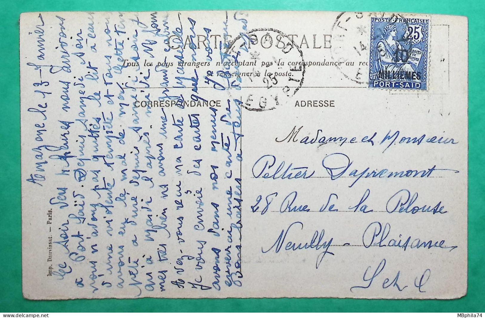 25C MOUCHON RETOUCHE PORT SAÏD CARTE POSTALE PAQUEBOT CHAMBORD MESSAGERIES MARITIMES POUR NEUILLY PLAISANCE 1925 FRANCE - Cartas & Documentos