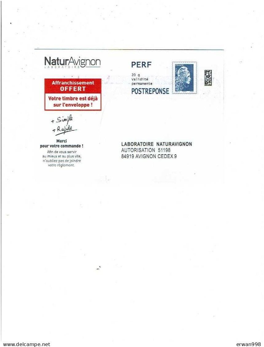 84 AVIGNON  Postréponse Laboratoire NATURAVIGNON Timbre Marianne L'engagée Gris L391128  (484) - PAP: Antwort/Marianne L'Engagée