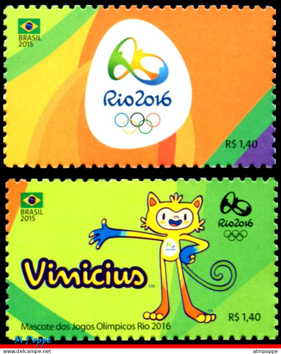 Ref. BR-3318A+AD BRAZIL 2015 - OLYMPIC GAMES, RIO 2016,EMBLEM+MASCOT,STAMPS OF 4TH SHEET,MNH, SPORTS 2V Sc# 3318A+AD - Eté 2016: Rio De Janeiro