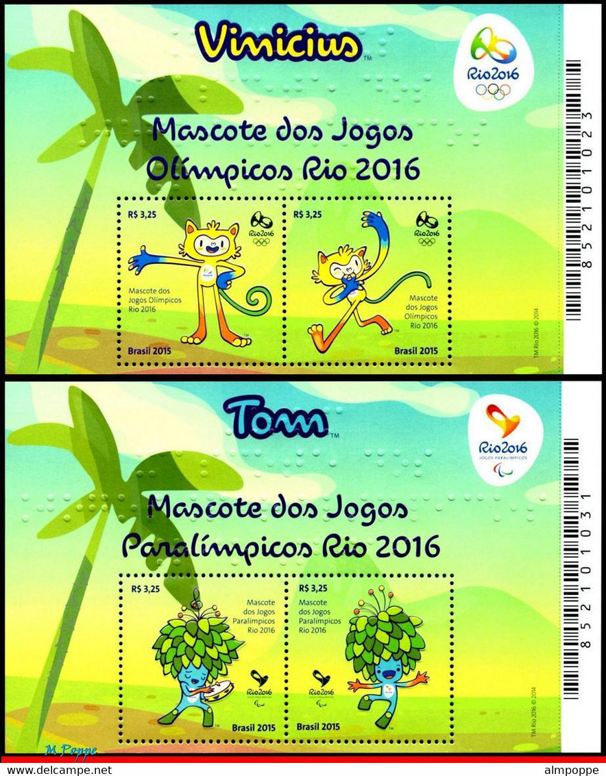 Ref. BR-3319-20 BRAZIL 2015 SPORTS, OLYMPIC AND PARALYMPIC, GAMES, RIO 2016, MASCOTS, 2 S/S MNH 4V Sc# 3319-20 - Eté 2016: Rio De Janeiro