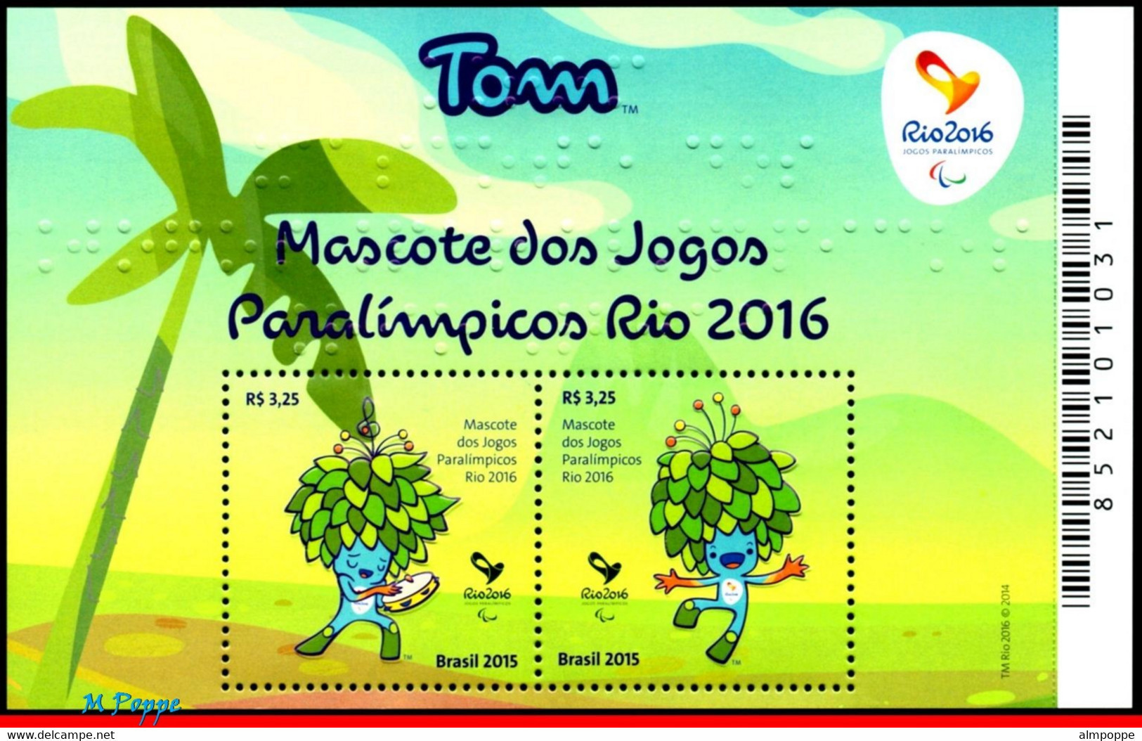 Ref. BR-3319-20 BRAZIL 2015 SPORTS, OLYMPIC AND PARALYMPIC, GAMES, RIO 2016, MASCOTS, 2 S/S MNH 4V Sc# 3319-20 - Estate 2016: Rio De Janeiro