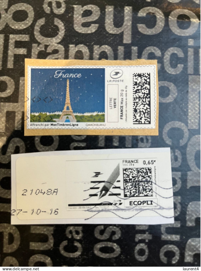 (STAMPS 18-1-2024) FRANCE - Postage Label (2 Postage Labels As Seen On Scan) Eco Pli Or Lettre Verte  Etc (Eiffel Tower) - Timbres à Imprimer (Montimbrenligne)