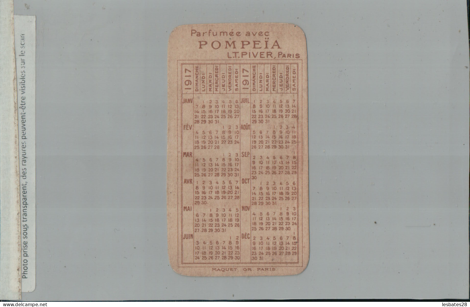 Carte Parfumée Parfum Pompeïa L.T. Piver Paris, Verso Calendrier 1917  (2024 Jan Boite Chromo) - Anciennes (jusque 1960)