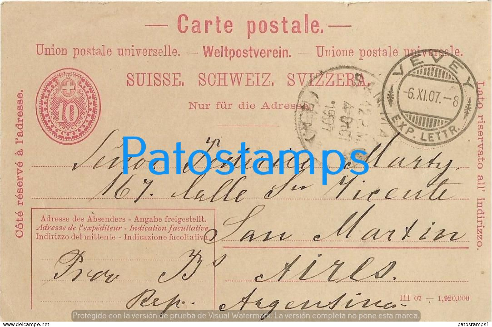 222634 SWITZERLAND VEVEY CANCEL 1907 CRCULATED TO ARGENTINA POSTAL STATIONERY POSTCARD - Entiers Postaux