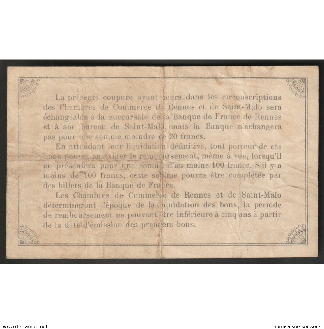 35 - RENNES ET ST-MALO - CHAMBRE DE COMMERCE - 50 CENTIMES - 25/08/1915 - TTB - Zonder Classificatie