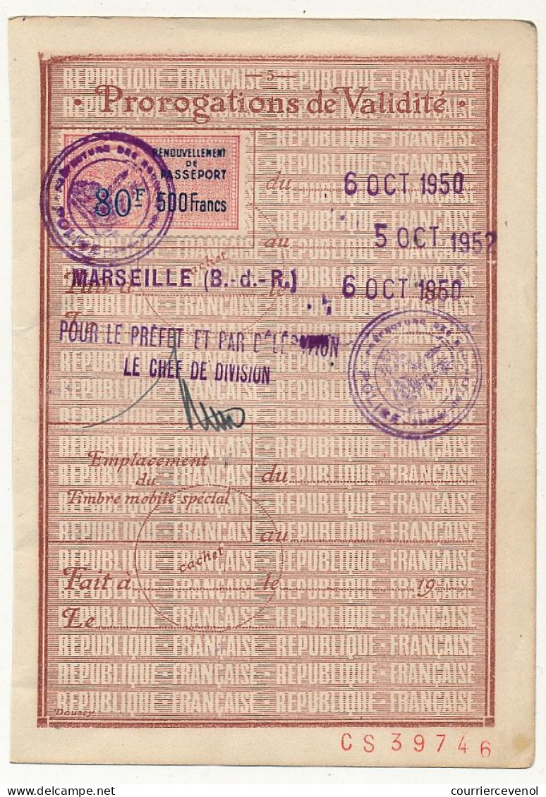 FRANCE - Timbre Fiscal "Renouvellement De Passeport 80F/500 Francs" Sur Page De Passeport - Marseille - 1950 - Lettres & Documents